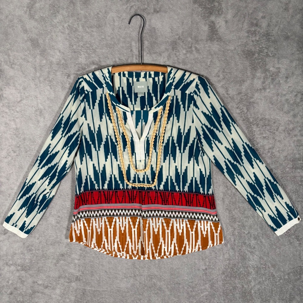 Maeve Anthropologie Blue Ikat Pom Pom Trim Split Neck Blouse Size 6 Bohemian
